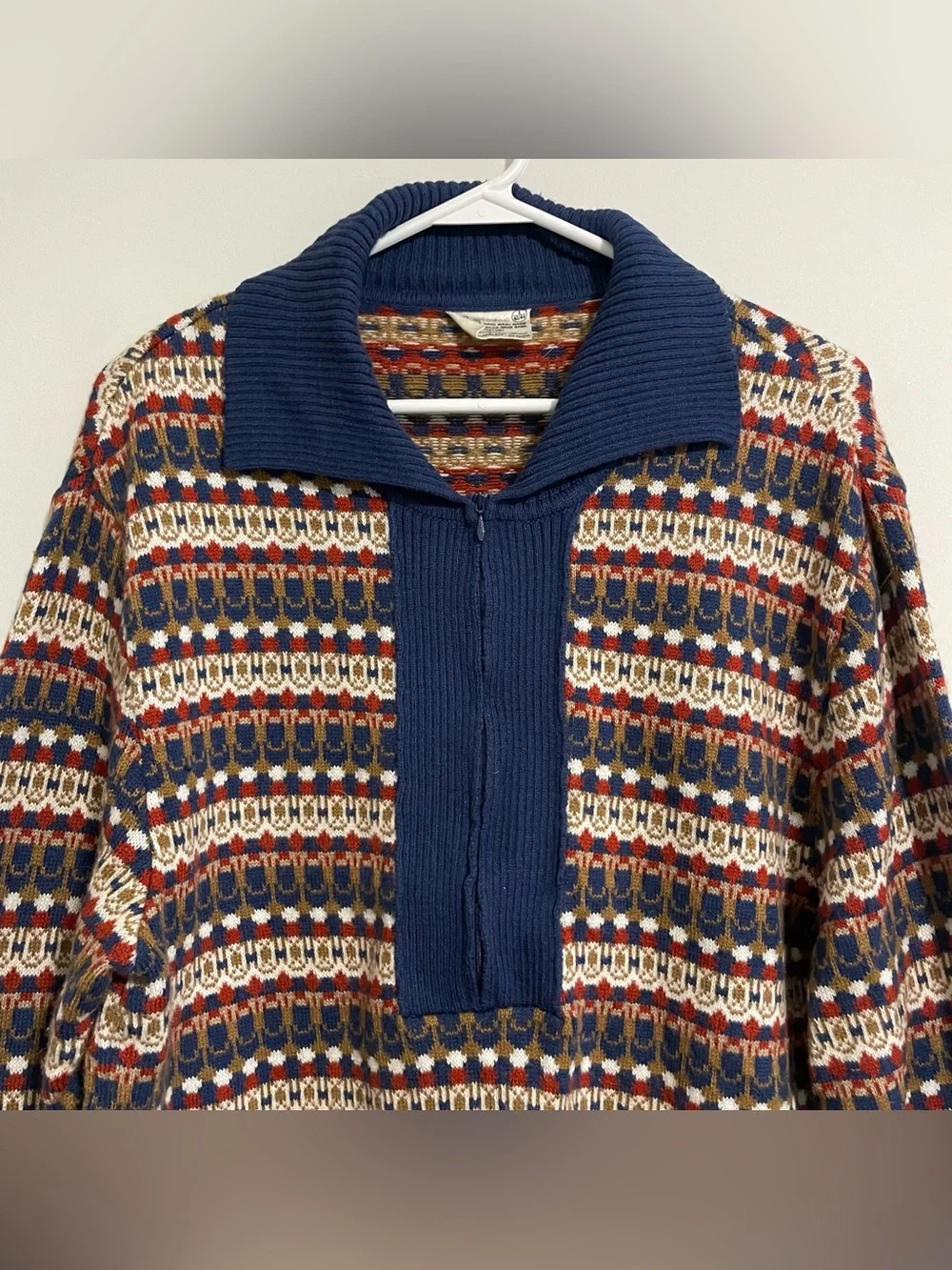 Vintage Kmart 80s Zip Up Pullover Striped Geometric Retro Colorful Sweater Sz L